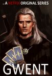  1boy absurdres archvermin black_gloves black_shirt brown_eyes card expressionless geralt_of_rivia gloves gwent_(game) henry_cavill highres holding holding_card long_hair male_focus netflix parody portrait shirt solo sword sword_on_back the_witcher_(netflix) the_witcher_(series) v-shaped_eyebrows weapon weapon_on_back 