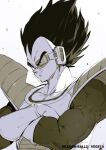  1boy absurdres character_name closed_mouth collarbone commentary_request copyright_name crossed_arms dragon_ball dragon_ball_z gloves gradient_background grey_background greyscale highres male_focus monochrome saiyan_armor scouter short_hair smile solo toridamono vegeta 