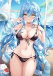  1girl ahoge bare_shoulders bikini black_bikini blue_hair blush braid breasts cleavage colored_tips crossed_bangs daifuku_(yukihana_lamy) elf front-tie_bikini_top front-tie_top hair_between_eyes hair_ornament heart heart_ahoge highres hololive large_breasts long_hair looking_at_viewer multicolored_hair navel open_mouth pointy_ears retsuto side-tie_bikini_bottom solo streaked_hair swimsuit thighs very_long_hair virtual_youtuber yellow_eyes yukihana_lamy yukimin_(yukihana_lamy) 