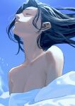  1girl bani-lizo bare_shoulders blue_background blue_sky blue_theme breasts cleavage closed_eyes collarbone day facing_up floating_hair highres light_smile long_hair original parted_lips shawl sky small_breasts solo strapless sunlight upper_body 