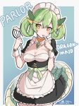  1girl character_name clothing_cutout cowboy_shot dragon_girl dragon_tail dress duel_monster english_text frilled_dress frills green_hair highres looking_at_viewer maid namou_(namorton09) parlor_dragonmaid solo tail yu-gi-oh! 