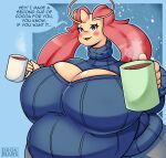  2023 absurd_res antennae_(anatomy) anthro artist_name belly beverage big_belly big_breasts blue_background blue_clothing blue_sweater blue_topwear blush blush_lines bottomwear breasts cleavage cleavage_cutout clothed clothing coffee_mug dialogue drokmars english_text eyelashes female generation_3_pokemon grey_bottomwear grey_clothing grey_pants hair half-length_portrait hi_res holding_object horn huge_breasts marine millie_(drokmars) milotic nintendo open_mouth overweight overweight_female pants pink_hair pokemon pokemon_(species) portrait red_eyes simple_background snow solo speech_bubble steam sweater text topwear 