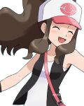  1girl :d absurdres bag black_vest blush brown_hair closed_eyes collarbone eyelashes happy hat highres hilda_(pokemon) jiffy0v0 long_hair mixed-language_commentary open_clothes open_mouth open_vest pink_bag pokemon pokemon_(game) pokemon_bw shirt shoulder_bag sidelocks sleeveless sleeveless_shirt smile solo strap vest white_background white_headwear white_shirt 