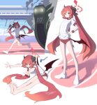  1girl aji_aji_nori blue_archive buruma demon_horns demon_wings gym_uniform highres horns junko_(blue_archive) long_hair looking_at_viewer official_alternate_costume red_buruma red_eyes red_hair red_wings shirt thighs twintails white_shirt wings 