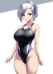  1girl ass_visible_through_thighs bare_shoulders black_one-piece_swimsuit breasts brown_eyes closed_mouth commentary_request competition_swimsuit covered_navel cowboy_shot grey_hair highleg highleg_swimsuit highres large_breasts looking_at_viewer one-piece_swimsuit original pataneet ponytail short_hair simple_background solo swimsuit thigh_gap white_background 