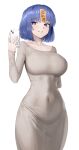  1girl absurdres arm_behind_back blue_eyes blue_hair blush breasts bright_pupils cellphone collarbone covered_navel dongtan_dress dress goback grey_dress grin highres large_breasts long_sleeves looking_at_phone meme_attire mole mole_under_eye ofuda ofuda_on_head original phone see-through_silhouette selfie short_hair simple_background smile solo taut_clothes taut_dress white_background white_pupils 