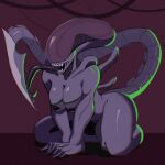  1:1 2022 alien alien_(franchise) alien_humanoid breasts eyeless female grey_body grey_skin hi_res humanoid kneeling long_tongue monster monstrous_humanoid nipples not_furry nude nude_female pointed_tail solo teabro tongue tongue_out xenomorph 