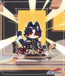  1boy ahoge animal_ears b02owo blade_(honkai:_star_rail) chibi chinese_commentary flower frown gacha gameplay_mechanics hair_over_one_eye holding holding_sword holding_weapon honkai:_star_rail honkai_(series) long_hair male_focus parted_bangs red_flower solo star_(symbol) sword tail ticket twitter_username v-shaped_eyebrows weapon 
