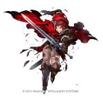  1boy armor belt black_gloves cape diamant_(fire_emblem) fire_emblem fire_emblem_engage fire_emblem_heroes full_body fur_trim furrowed_brow gloves high_collar holding holding_sword holding_weapon injury long_sleeves looking_to_the_side official_art one_eye_closed pants red_cape red_eyes red_hair short_hair shoulder_armor solo standing sword torn_clothes turtleneck watermark weapon white_background 