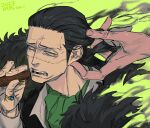  annoyed ascot bbly_ff black_hair cigar collared_shirt crocodile_(one_piece) donquixote_doflamingo furrowed_brow green_background hair_slicked_back highres jewelry large_hands male_focus mature_male multiple_rings one_piece playing_with_another&#039;s_hair ring scar scar_on_face scar_on_nose shirt short_hair sideways_glance smoking solo_focus stitches upper_body 