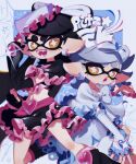 +_+ 2girls arm_warmers belt bike_shorts black_arm_warmers black_hair black_leg_warmers blue_trim bow bow-shaped_hair bowtie callie_(splatoon) clenched_hands collarbone cosplay cousins cure_black cure_black_(cosplay) cure_black_pose cure_white cure_white_(cosplay) cure_white_pose detached_sleeves dress earrings fangs fingerless_gloves food food_on_head frills futari_wa_precure gloves grey_hair hair_bow heart_belt highres jewelry ka1_(k4k37) leg_warmers long_hair looking_at_viewer marie_(splatoon) midriff mole mole_under_eye multiple_girls object_on_head open_mouth orange_eyes parted_lips pink_belt pink_bow pink_trim pointy_ears pose_imitation precure short_hair smile sparkle splatoon_(series) sushi tentacle_hair thick_eyebrows white_bow white_dress 