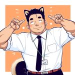  1boy animal_ears bara black_hair blush cat_boy cat_ears cat_tail cowboy_shot hands_up happy_aura highres id_card looking_up loose_hair_strand male_focus mature_male original r-te_(restricted_te) salaryman short_hair sleeves_rolled_up small_hands solo tail thick_eyebrows 