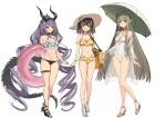  3girls alternate_costume arknights arm_garter bare_legs bikini black_bikini black_choker black_footwear blush breasts brown_footwear brown_hair brown_headwear chinese_commentary choker closed_mouth covered_navel criss-cross_halter drill_hair earrings feather_hair flower full_body hair_flower hair_ornament halterneck hat high_heels highres holding holding_innertube holding_umbrella hoop_earrings horns innertube jacket jewelry light_brown_hair long_hair looking_at_viewer magallan_(arknights) medium_breasts mole mole_under_eye muelsyse_(arknights) multi-strapped_bikini multicolored_hair multiple_girls navel off_shoulder one-piece_swimsuit open_clothes open_jacket open_mouth orange_eyes parted_lips plaid plaid_bikini pointy_ears purple_hair red_eyes sandals see-through see-through_jacket short_hair sidelocks sigm@ simple_background single_earring sketch small_breasts smile standing stomach straight_hair streaked_hair sun_hat swimsuit swimsuit_cover-up tail thigh_strap tiara twin_drills two-tone_hair typhon_(arknights) umbrella very_long_hair white_background white_choker white_hair white_one-piece_swimsuit wrist_flower yellow_bikini 
