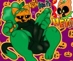  anthro balls big_balls big_penis dialogue elemental_creature felid feline feral flora_fauna food food_creature fruit genitals halloween hi_res holidays huge_balls huge_penis kcstando kcstando(kcstando) living_fruit lying male male/male mammal on_back penis plant pumkat pumpkin pumpkin_head shocked_expression simple_background 