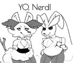  2023 anthro braixen breasts canid canine cleavage cleavage_overflow clothed clothing dialogue duo english_text female fishnet fishnet_legwear fox generation_4_pokemon generation_6_pokemon hand_on_hip hi_res lagomorph legwear leporid looking_at_viewer lopunny mammal medium_breasts monochrome narrowed_eyes nintendo open_mouth pokemon pokemon_(species) rabbit simple_background smile smiling_at_viewer stick student talking_to_viewer text tuanyllej2 