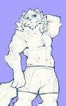  absurd_res anthro biceps blue_eyes bottomwear canid canine clothed clothing heylaw21 hi_res lifewonders live_a_hero male mammal muscular muscular_anthro muscular_male navel pecs purple_background sadayoshi shorts simple_background sketch solo topless 