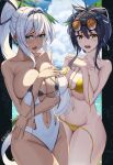 2girls absurdres asuka_(blue_oceans)_(senran_kagura) asuka_(senran_kagura) azur_lane bare_arms bare_shoulders bikini black_hair blue_eyes commentary_request cowboy_shot grayfoxpochi hair_intakes highres long_hair looking_at_viewer multiple_girls navel one-piece_swimsuit open_mouth revision senran_kagura standing stomach swimsuit thighs white_hair white_one-piece_swimsuit yellow_bikini yuyaki_(blue_sky_lagoon)_(senran_kagura) yuyaki_(senran_kagura) 