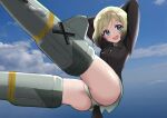  1girl absurdres ass blonde_hair blue_eyes blush breasts dog_tail erica_hartmann highres kuroniko looking_at_viewer military_uniform open_mouth panties short_hair sky small_breasts smile solo strike_witches striker_unit tail underwear uniform white_panties world_witches_series 