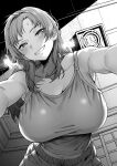  1girl blush breasts breath collarbone greyscale grin highres ice_reizou indoors large_breasts long_hair looking_at_viewer midriff mole mole_on_breast monochrome navel original sliding_doors smile solo sweat 