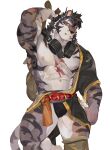 2023 abdominal_scar abs anthro arm_scar asian_clothing bag barazoku belt biceps black_hair chest_scar clothed clothing cuff_(restraint) east_asian_clothing eye_scar facial_scar felid fundoshi fur hair hand_scar handcuffs hi_res holding_bag japanese_clothing male mammal metal_cuffs multicolored_body multicolored_fur muscular_thighs nipples nose_scar open_clothing pantherine purple_hair restraints rope rope_belt scar seatohao simple_background solo striped_body striped_fur stripes tiger underwear white_background white_body white_fur yao_(sdorica) yellow_eyes 