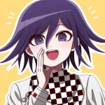  1boy :d checkered_clothes checkered_scarf danganronpa_(series) danganronpa_v3:_killing_harmony hand_up highres jacket long_sleeves male_focus medium_hair notice_lines ouma_kokichi outline pink_hair purple_eyes purple_hair scarf smile solo suiren_yurei teeth tongue unmoving_pattern upper_teeth_only white_jacket white_outline yellow_background 