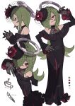  1girl absurdres bare_shoulders black_dress black_headwear child clenched_teeth commentary_request dress embarrassed eyeball flat_chest flower from_above from_side gloves green_hair hair_over_one_eye halo highres lace lace_gloves light_blush long_hair long_sleeves multiple_views original ouroboros ouroboros-chan_(zizi_niisan) parted_lips pointy_ears red_eyes red_flower red_rose rose simple_background snake teeth very_long_hair white_background white_halo white_snake wide_sleeves zizi_niisan 