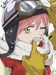  1girl breasts finger_in_own_mouth flcl gloves goggles goggles_on_head green_eyes hair_between_eyes haruhara_haruko helmet highres one_eye_closed pink_hair pink_punk_ponk short_hair simple_background teeth white_background yellow_gloves 