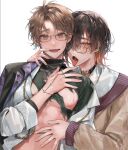  2boys black_choker black_hair black_jacket black_shirt blue_jacket blush brown_eyes brown_hair brown_jacket choker collared_shirt eiden_(nu_carnival) fangs glasses ihatedraw jacket jewelry male_focus multicolored_clothes multicolored_hair multicolored_jacket multiple_boys necklace nu_carnival open_mouth red_eyes red_hair shirt short_hair sweatdrop tongue tongue_out torn_clothes white_shirt yakumo_(nu_carnival) yaoi 