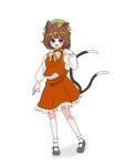  1girl :d animal_ear_piercing animal_ears bare_legs blush bobby_socks bow bowtie breasts brown_hair cat_ears cat_tail chen earrings frills full_body gekiyaba0512 gold_trim green_headwear hand_up happy hat jewelry long_sleeves looking_at_viewer mary_janes mob_cap multiple_tails nekomata orange_bow orange_bowtie paw_pose petite petticoat puffy_long_sleeves puffy_sleeves purple_eyes red_skirt red_vest shoes short_hair simple_background single_earring skirt skirt_set small_breasts smile socks solo tail teeth touhou two_tails upper_teeth_only vest white_background 