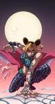  1girl absurdres black_hair blonde_hair butterfly_tattoo cape cloud cone_hair_bun cuffs determined double_bun full_moon green_nails hair_bun handcuffs highres jojo_no_kimyou_na_bouken kristallion kujo_jolyne moon multicolored_hair navel_piercing night night_sky on_one_knee piercing puddle red_cape red_eyes silk sky skyfish_(cryptid) solo spider_web spider_web_print stone_ocean string superhero_landing tattoo two-tone_hair unraveling 