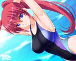  1girl armpits arms_behind_head black_one-piece_swimsuit blue_eyes breasts cowboy_shot dutch_angle engo_(aquawatery) highleg highleg_swimsuit large_breasts long_hair lyrical_nanoha one-piece_swimsuit ponytail red_eyes signum solo swimsuit 
