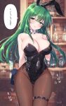  1girl animal_ears awayuki_ramika bar_(place) black_leotard black_pantyhose blurry blurry_background bow bowtie breasts cameltoe cleavage commentary_request commission detached_collar embarrassed fire_emblem green_eyes green_hair highres large_breasts leotard long_hair looking_at_viewer menu nephenee_(fire_emblem) pantyhose playboy_bunny rabbit_ears skeb_commission solo strapless strapless_leotard translation_request white_bow white_bowtie wrist_cuffs 