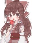 1girl alternate_costume blush bow brown_eyes brown_hair candy_apple commentary_request crossed_bangs detached_sleeves food frilled_bow frilled_hair_tubes frills hair_between_eyes hair_bow hair_tubes hakurei_reimu hand_up holding holding_food long_hair long_sleeves looking_at_viewer obi red_bow rio_(zdhg3425) robe sash simple_background sleeves_past_elbows solo teeth touhou upper_body upper_teeth_only very_long_hair white_background wide_sleeves 