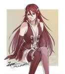  1girl artist_name bare_shoulders boots breasts cleavage cm_lynarc cordelia_(fire_emblem) elbow_gloves fire_emblem fire_emblem_awakening gloves highres long_hair looking_at_viewer plunging_neckline red_eyes red_footwear red_gloves red_hair sitting small_breasts smile solo thigh_boots 