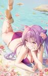  1girl ass bare_arms bare_shoulders bikini commentary cone_hair_bun flower genshin_impact grin hair_bun hair_flower hair_ornament hand_up highres keqing_(genshin_impact) long_hair looking_at_viewer lying ocean on_stomach pink_flower pink_rose purple_bikini purple_eyes purple_hair rimuu rose sandals smile solo swimsuit twintails water 