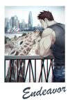  1boy animal bara belt black_tank_top boku_no_hero_academia breasts character_name ching_32 cityscape crossed_arms denim endeavor_(boku_no_hero_academia) facial_hair giraffe jeans leaning_forward looking_at_another male_focus mature_male muscular muscular_male pants red_hair scar scar_across_eye scar_on_face short_hair sideboob sideburns solo spiked_hair sweatdrop sydney_opera_house tank_top 