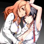  2girls arms_up black_hair blush bound bound_wrists breasts cardigan cleavage clothes_pull gradient_background hand_on_another&#039;s_chin hayami_kanade highres hitofudegaki_usagi hojo_karen idolmaster idolmaster_cinderella_girls large_breasts looking_at_viewer multiple_girls orange_hair pulled_by_another school_uniform shirt_pull simple_background tongue tongue_out upper_body white_cardigan yuri 
