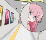  1girl blue_eyes bocchi_the_rock! commentary_request gotoh_hitori hair_between_eyes indoors jacket long_hair mitya open_mouth peeking_out pink_hair pink_jacket tears the_exit_8 tile_floor tiles track_jacket trembling turn_pale very_long_hair wavy_mouth 
