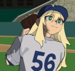  1girl alternate_costume ball baseball baseball_cap baseball_jersey baseball_mitt baseball_stadium baseball_uniform blonde_hair closed_mouth derivative_work from_behind green_eyes hat highres holding holding_ball looking_up major matangom matangomu-chan original outdoors parody serious shirt short_sleeves smile solo sportswear undershirt upper_body white_shirt 