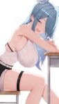  1girl absurdres armpits bare_shoulders blue_eyes blue_hair bra bra_visible_through_clothes breasts chair desk ear_piercing elira_pendora hair_over_one_eye hanging_breasts head_wings highres large_breasts long_hair looking_at_viewer mole mole_on_armpit nijisanji nijisanji_en open_mouth piercing ruru_(ruru_nnnn) shirt shorts simple_background sitting sleeveless sleeveless_shirt smile solo sweat thigh_strap thighs underwear virtual_youtuber white_background wings 