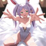  1girl :d animal_ears bare_shoulders breasts collarbone commentary_request dangle_earrings earrings fishnet_thighhighs fishnets frieren green_eyes highres indoors jewelry leotard long_hair looking_at_viewer medium_breasts on_bed outstretched_arms playboy_bunny rabbit_ears roq smile solo sousou_no_frieren spread_legs squatting strapless strapless_leotard teeth thighhighs twintails upper_teeth_only white_hair white_leotard 