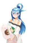  1girl absurdres aqua_(konosuba) blue_eyes blue_hair blush breasts brown_hair cape capelet dakimakura_(object) dress green_cape green_capelet green_eyes hair_between_eyes hair_ornament hair_rings heart heart_print highres holding hugging_object kono_subarashii_sekai_ni_shukufuku_wo! long_hair looking_at_viewer pillow satou_kazuma shirt short_hair simple_background single_hair_ring smile solo ve666ve very_long_hair white_dress white_shirt white_sleeves 