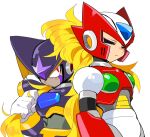  2boys android bass_(mega_man) blonde_hair blush closed_eyes commentary_request facepaint helmet male_focus mega_man_(classic) mega_man_(series) mega_man_x_(series) multiple_boys red_eyes robot simple_background white_background yuriyuri_(ccc) zero_(mega_man) 