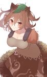  1girl absurdres animal_ears aoko_(myut7287) artist_name bare_shoulders breasts brown_eyes brown_hair brown_shirt brown_skirt cleavage closed_mouth futatsuiwa_mamizou glasses highres large_breasts leaf leaf_on_head looking_at_viewer raccoon_ears raccoon_girl raccoon_tail shirt short_hair short_sleeves simple_background skirt solo tail touhou twitter_username white_background 