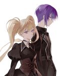  1boy 1girl absurdres black_choker black_dress black_jacket brother_and_sister choker closed_mouth cross cross_choker dress facing_to_the_side highres hoshina_utau jacket long_hair long_sleeves looking_at_viewer migumi purple_eyes purple_hair short_hair shugo_chara! siblings tsukiyomi_ikuto twintails unhappy 