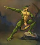 2023 5_toes abs absurd_res anthro balls biceps biped claws digital_drawing_(artwork) digital_media_(artwork) dragon feet finger_claws flaccid foreskin genitals green_body hi_res horn male multicolored_body muscular muscular_anthro muscular_male nipples open_mouth outside penis ratcatcher rock solo standing teeth toe_claws toes two_tone_body 