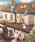  :d :o bird black_eyes blue_sky bright_pupils brown_eyes chimney closed_eyes closed_mouth clothesline cloud commentary_request dated_commentary day eevee espeon facing_away flareon flower_pot from_behind glaceon highres house jolteon lamppost leafeon looking_at_another matsuri_(matsuike) no_humans on_roof open_mouth outdoors plant pokemon pokemon_(creature) potted_plant red_eyes scenery sky smile sylveon tree umbrella v-shaped_eyebrows vaporeon white_pupils window yawning 
