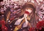  1girl black_hair black_kimono character_request cherry_blossoms covered_mouth covering_mouth flower holding japanese_clothes kimono long_hair long_sleeves mizumizu_(phoenix) original red_eyes red_flower solo spider_lily very_long_hair virtual_youtuber 
