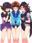  3boys black_headwear blush bottomless brown_eyes brown_hair collared_shirt commentary_request fang gloves hand_up hat hilbert_(fall_2020)_(pokemon) hilbert_(pokemon) hilbert_(sygna_suit)_(pokemon) jacket knees legs male_focus multiple_boys nervous_smile official_alternate_costume open_clothes open_mouth open_vest pokemon pokemon_(game) pokemon_bw pokemon_masters_ex scarf shirt short_sleeves smile tarai_(yamadarairai) vest white_background zipper_pull_tab 