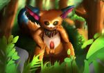  absurd_res anthro balls bodily_fluids erection forest genital_fluids genitals gnar_(lol) hi_res jungle league_of_legends looking_at_viewer male manekomon penis plant precum public riot_games solo spread_legs spreading tree yordle 